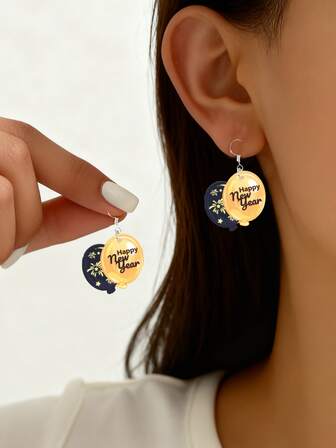 1 Pair Of Black And Gold Acrylic Earrings Adorned With Balloon, Firework, And New Year's Hat Motifs. Stylish New Year's Party Earrings With A Strong Festive Atmosphere | Perfect For New Year's Party Decorations And Outfit Coordination, And Also An Ideal Choice For Weddings, Birthday Parties, And Anniversary Gifts.