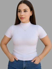 Kit Of 2 Women's Ribbed High Neck Short Sleeve Blouses - Premium Ribbed Knit - Đen và trắng - Xem 3