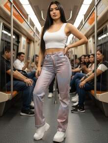 Jeans Rectos de Mezclilla para Mujer con Efecto Metalizado de Diferentes Colores y Diseños, A la Moda, Diseño Moderno. Mezclilla Gruesa de Calidad, Cómodos, Combinables. - DOBLE GCP-AY-3259S - Ver 3