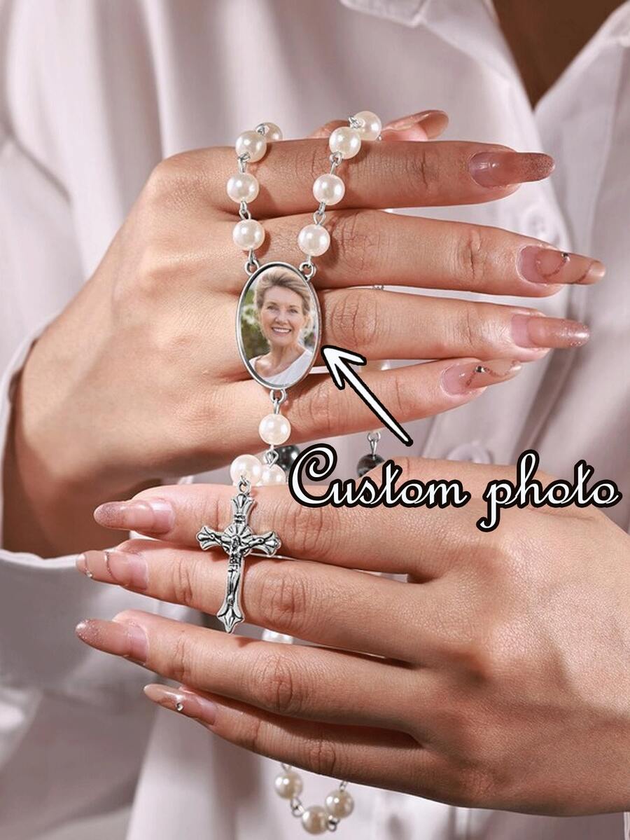 Personalized Cross Photo Rosary Beads, Can Customize Your Photo, A Unique Commemorative Necklace For Any Occasion, Especially For Women - Multicolor - View 1