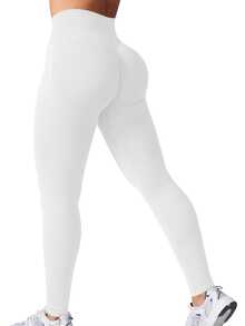 Women's Solid Color High-Waisted Sports Leggings, High-Elasticity Seamless Yoga Pants, Women's Indoor And Outdoor Sportswear, Bottoms - 白色 - 查看 2