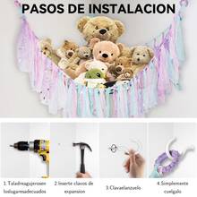 Organizador de red de hamaca para almacenamiento de animales de peluche con luz LED , decoración de pared colgante para habitación de niñas con lentejuelas para dormitorio, habitación infantil y sala de juegos - Multicolor - Ver 9