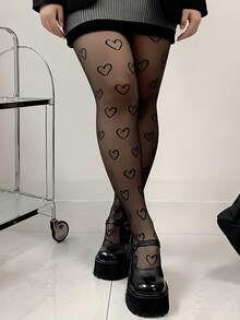 Women's Heart Print Pantyhose, Fashion Designer Style Tights, Romantic Love Pattern Stockings, Shapewear Leggings