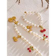 Eetit 1P Crendy Style Simulated Pearls Beads Chain Cherry Pendant Necklace Elegance Handmade Beads Jewelry Gift