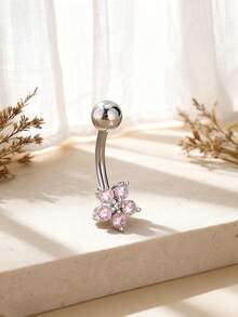1pc Elegant Floral Cubic Zirconia Belly Button Ring, Women's Body Piercing Jewelry - Flower - View 7