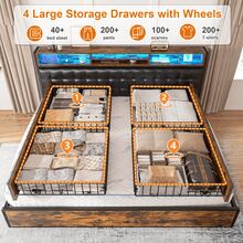 EnHomee Full/Queen/King Size LED Bed Frame With 4 Storage Drawers & Charging Station Platform Bed Frame With Upholstered Storage Headboard No Noise, No Box Spring Needed, Rustic Brown - 鏽棕色 - 查看 2