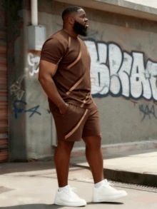 经典棕色条纹印花加大码男士短袖短裤套装，户外运动两件套，日常小标百搭套装，加大码度假装