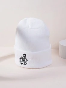 1pc Autumn/Winter Unisex Elastic Knit Hat, Fashionable Street Hip-Hop Style Embroidered Skull Drinking Tea Knit Beanie, Y2K Warm Ski Cap - White - View 3