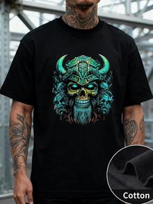 Estilo Vikingo Playera de Algodón para Hombre con Cráneo Bárbaro y Casco Nórdico en Colores Azul y Dorado, Diseño Detallado y Único, Ideal para Amantes del Metal y Festivales, 220 g 100 % algodón, Cómoda y Resistente al Desgaste - Negro - Ver 1