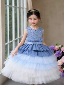 Váy công chúa cho bé gái, váy bánh kem ombre, váy cưới hoa cho bé gái dự tiệc sinh nhật, váy tay bồng sequin biểu diễn piano - Màu xanh lam - Xem 2