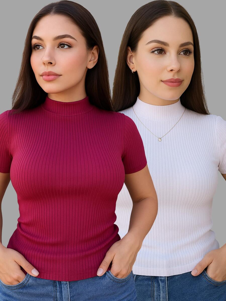 Kit Of 2 Women's Ribbed High Neck Short Sleeve Blouses - Premium Ribbed Knit - Marsala y blanco - Ver 1