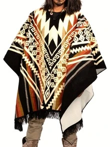 Men's Print Fringe Poncho - Multicolor Pattern Oversized Cape, Warm & Artistic Outerwear For Bohemian Street Style, Festival & Autumn Layering Looks, Gifts For Men