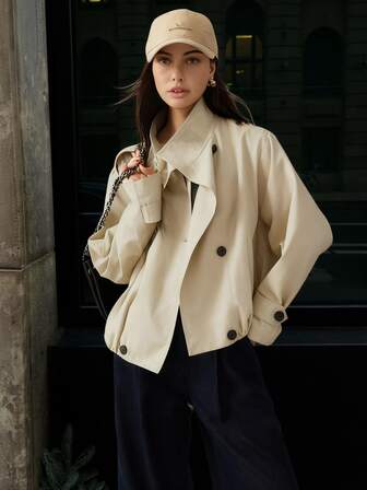 法式休闲简约大气加厚中袖带口袋双排扣短款长袖秋冬女士户外气质风衣外套