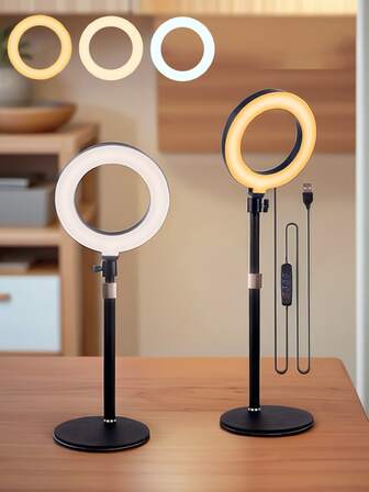 6英寸LED桌面环形灯，带可调节支架 - 适用于视频会议、Zoom通话、自拍和直播 - USB供电，黑色，视频会议照明 | 时尚环形灯 | USB供电光源，视频会议桌面灯