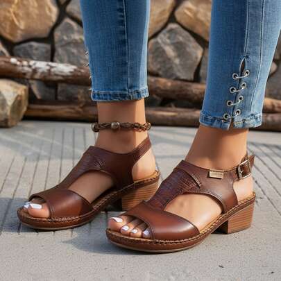  Sandalias Para Mujer Con Tacón Bajo Alto De Semivestir Casual Tacón Corto Lobo Solo 2241 Orange Sand