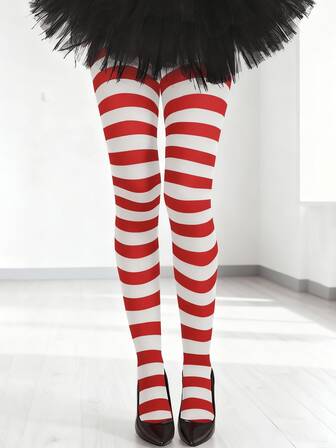 Damtröja med röda och vita randiga jultröjor (slumpmässig randbredd/mängd), festliga stickade strumpbyxor, oregelbundet mönster, lekfulla figurformande strumpbyxor, mysiga