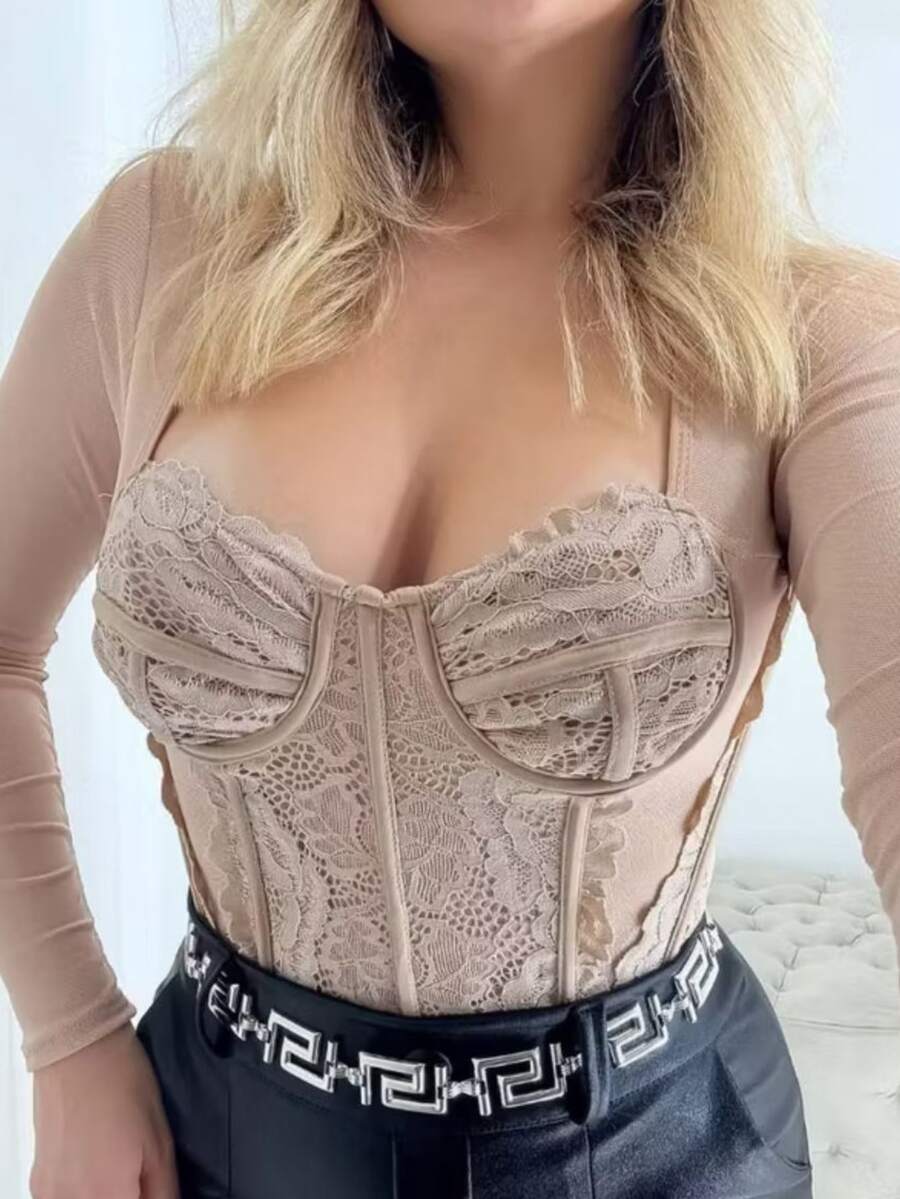 Corselete Feminino Diana Manga Longa Em Tule Moda Gringa  Noite - nude - Visão 1