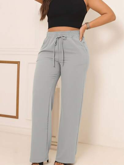 Calça Pantalona Feminina Wide Leg Com Bolso Cordão