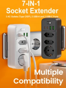 1 Pack 7-In-1 Multifunctional Wall Plug, 2 USB-A And 2 USB-C Ports, With Surge Protector, Multipurpose Home Office And Workspace Power Organizer, Outlet Extender, Wall Adapter With Overload Protection, Suitable For Home, Office, Travel, Bedroom, Gaming Room And More