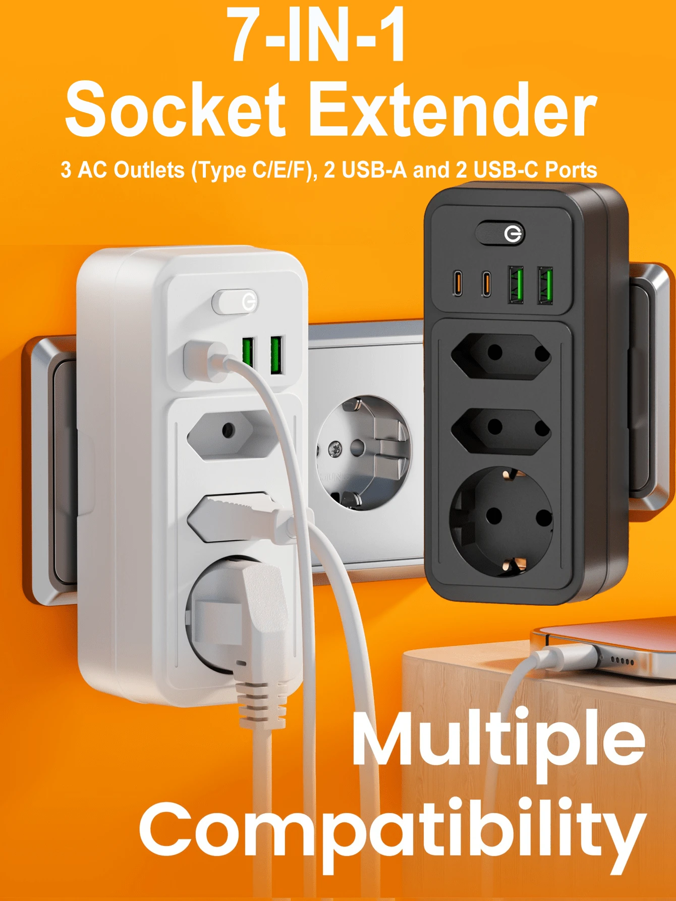 1 Pack 7-In-1 Multifunctional Wall Plug, 2 USB-A And 2 USB-C Ports, With Surge Protector, Multipurpose Home Office And Workspace Power Organizer, Outlet Extender, Wall Adapter With Overload Protection, Suitable For Home, Office, Travel, Bedroom, Gaming Room And More