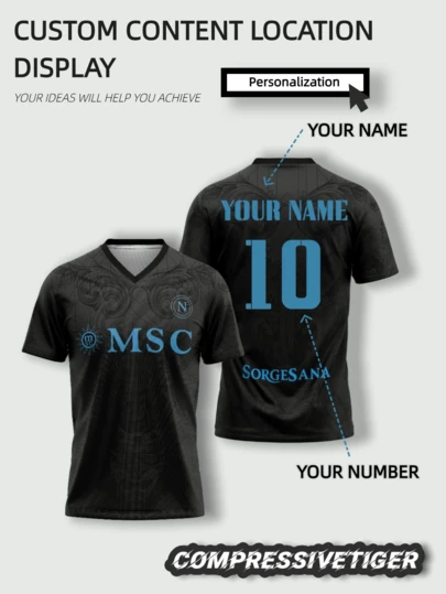 Naples Special Edition Customized Soccer Jersey - Personalized Name And Number - Breathable Tight-Fit Design, Helps You Perform At Your Best - Fan Sports Training Wear, Great Gift For Halloween, Thanksgiving, Christmas And New Year Black Summer,Gym Wear