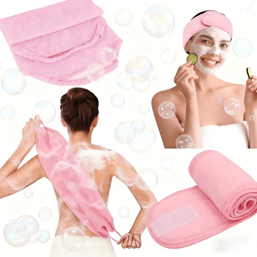 1 Back Scrubbing Strip And 1 Adjustable Women's Spa Facial Hair Band, Shower And Makeup Hair Band, Suitable Body Cleaning Tools For Washing And Bathing, Soft Towel And Hair Styling Accessories, Makeup And Shower - Soft And Elastic - Multicolor - View 1