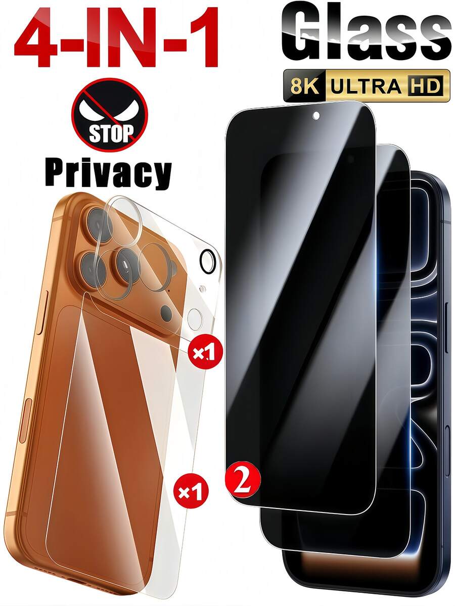 4-In-1 2-Pack Privacy Anti-Spy Tempered Glass Screen Protector For IPhone 17 Air 16 Pro 15 14 13 12 11 Pro Max, Bubble-Free, Oil-Resistant Coating, Full Screen Coverage, Easy Installation, High Hardness, Rounded Edge Anti-Dust Design, Privacy Glass Film, Includes 1 Piece Camera Lens Protector, Compatible With Protective Case, Also Includes 1 Piece Rear Cover Tempered Glass Film.