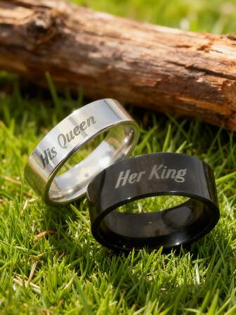 2pcs Stainless Steel Couple Rings, His King & Her Queen Engraved Promise Rings Set, Silver & Black Color, Best Christmas Gift