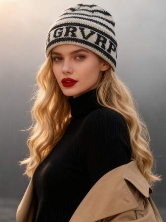 1pc Niche Striped Cuffed Letter Knit Beanie, Casual Versatile Warm Ear Protection Cold Weather Hat, Suitable For Christmas, Parties, Spring Festival, New Year And Other Holidays