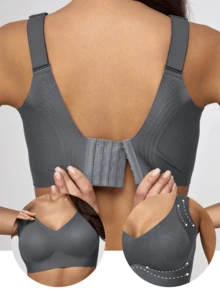 女士无缝提拉文胸，带可拆卸胸垫，无钢圈塑形文胸，提拉紧致内衣，简约时尚提拉文胸，休闲舒适，基础款文胸 - 深灰色 - 查看 2