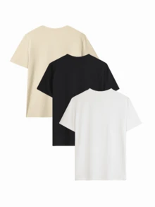 3件套女士夏季休闲圆领短袖T恤，时尚纯色上衣，适合日常穿着。白色上衣、黑色上衣、粉色上衣 - 彩色 - 查看 5