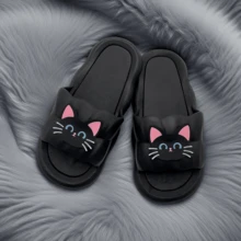 Girls' And Ladies' Popular Slippers, Versatile Cool Slippers, Summer Home Slippers, Couple's Dormitory Solid Color Simple Striped Slippers, Round Toe New Home Bathroom Anti Slip Flat Slippers, Ladies' And Boys' Black Anti Slip Universal Outdoor Wear, Indoor Home Bathroom Shower Slippers, Men's Slippers - Black Petals [Black Cat] - View 12