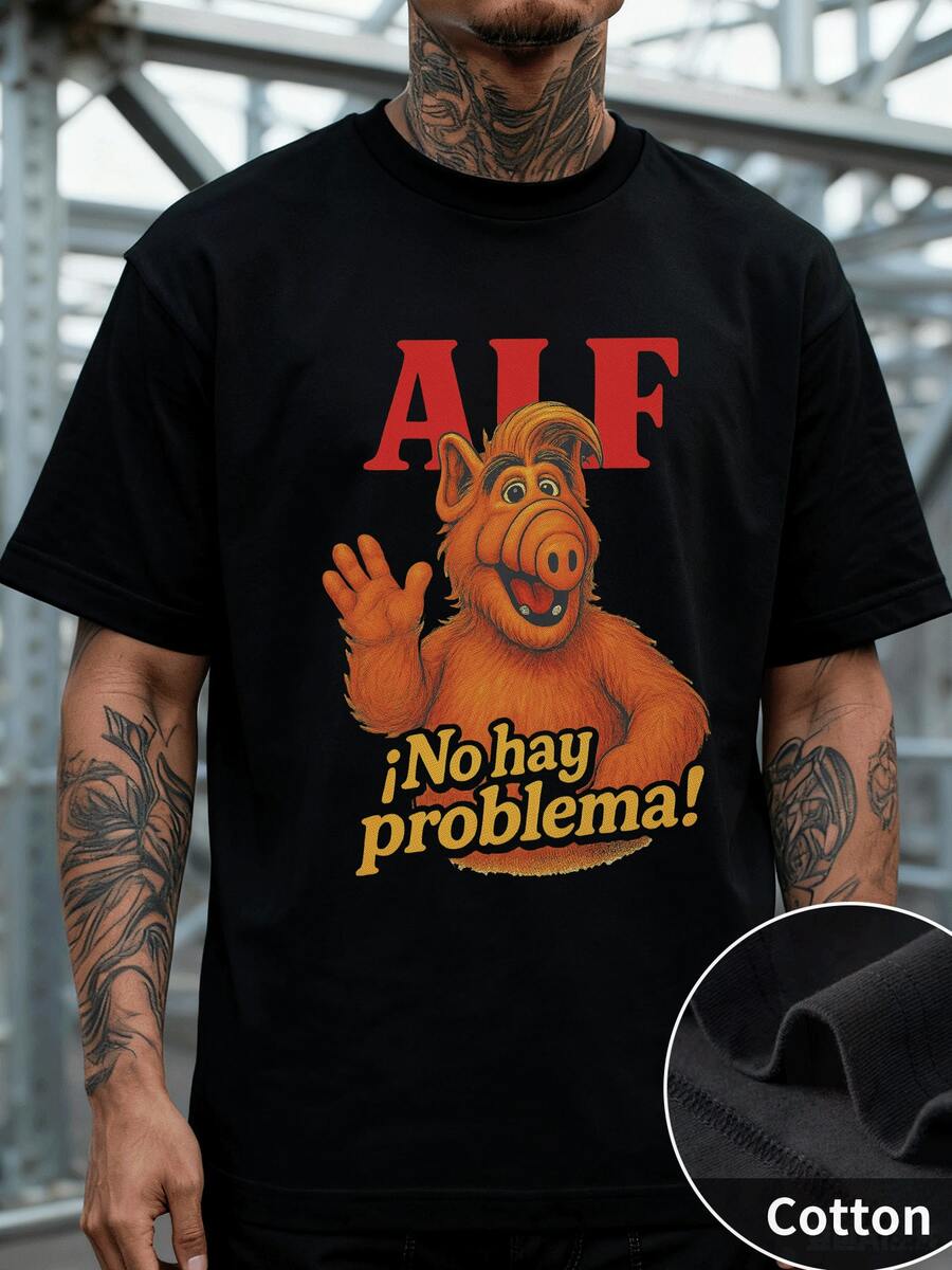 Estilo Nostálgico Playera de Algodón para Hombre con Imagen del Alien ALF y Frase "¡No hay problema!", Diseño Vintage en Colores Cálidos, Corte Relajado, Perfecta para Amantes de Series Clásicas, Noche de Películas o Eventos de Cultura Pop, 220 g 100 % algodón, Transpirable, Ligera y Cómoda, Retro con Humor - Negro - Ver 1