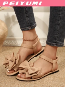 Women's Summer Sandals, Elegant Bow Decor, Comfortable Thick Mid-Heel, Stretchy Elastic Design For Easy Wearing, Suitable For Beach, Casual Gatherings And More - Apricot - View 6