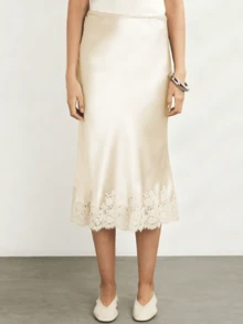 Women Silk Satin Half Slip Long Skirts Lace Patchwork Elastic Waist Long Skirt Elegant Silky Flowy A Line Midi Skirts - 香檳色 - 查看 2