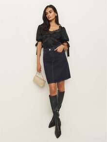 Women's Lace Patchwork V Neck Satin Blouse Drawstring Short Short Sleeve Party Blouse Going Out Shirts Tops - màu đen - Xem 1