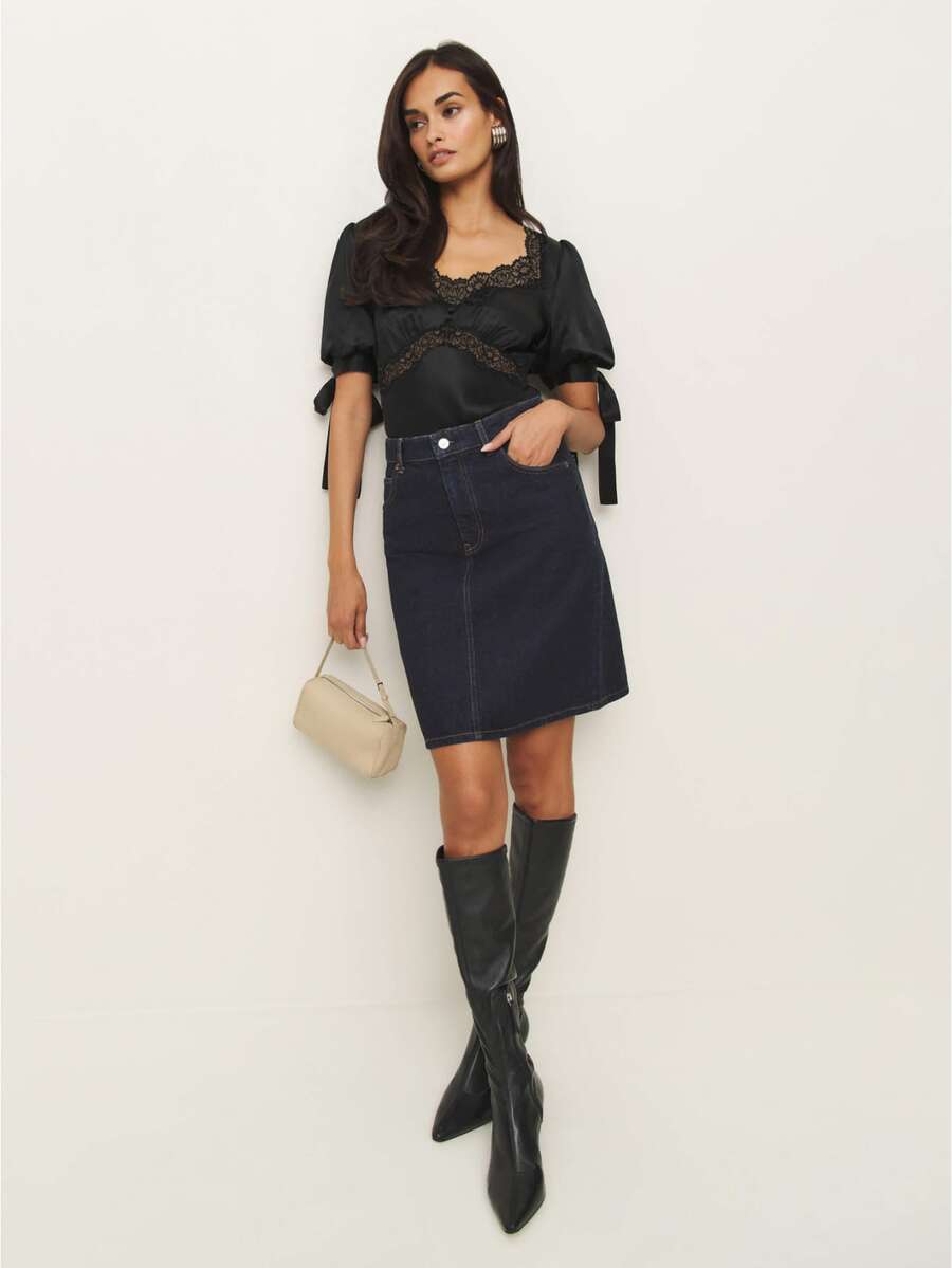 Women's Lace Patchwork V Neck Satin Blouse Drawstring Short Short Sleeve Party Blouse Going Out Shirts Tops - màu đen - Xem 1
