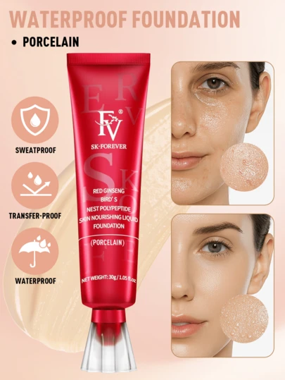 FV哑光防水粉底液 - 持久妆效，中高遮瑕，控油轻盈配方，防水遮瑕膏，全效遮瑕粉底液，专业妆前乳，适合混合性/油性肌肤，30克