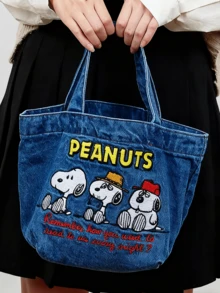 Peanuts Licensed Denim Tote Bag - Adorable Trio Snoopy Characters Design, Durable Retro Denim with Exquisite Embroidery, Versatile Stylish Everyday Tote, Spacious Storage for Essentials, Ideal Accessory for Women Girls Daily Errands School Outings, Peanutsuts - 三隻 - 查看 3
