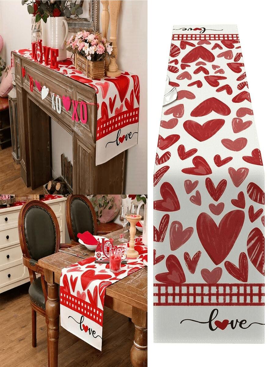 1pc Valentine's Day Linen Tablecloth, Valentine's Day Gift Red Heart Shaped Table Runner, Seasonal Indoor Kitchen Valentine's Day Decor, Suitable For Family Gatherings, Valentine's Day Theme Parties Background Decor, Dining Table Center Piece - Multicolor - View 1