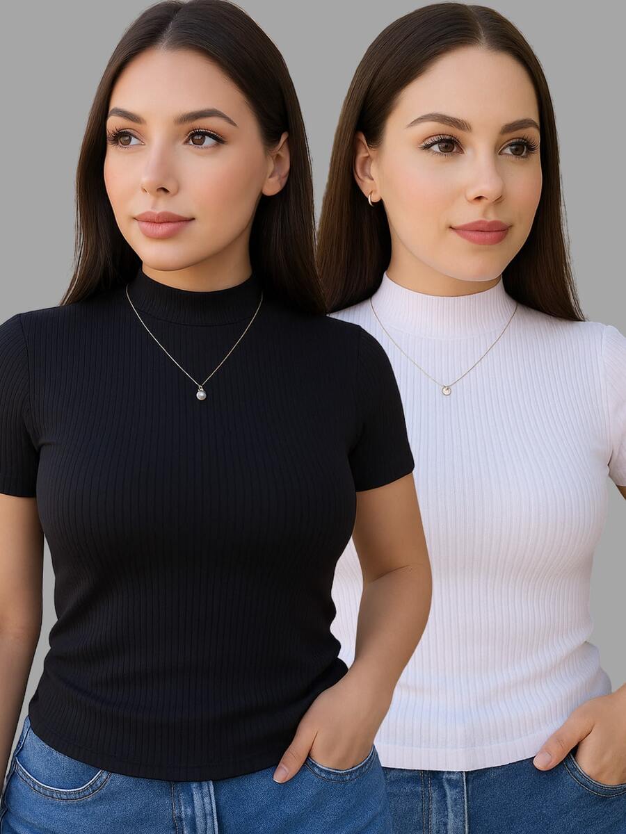 Kit Of 2 Women's Ribbed High Neck Short Sleeve Blouses - Premium Ribbed Knit - Đen và trắng - Xem 1
