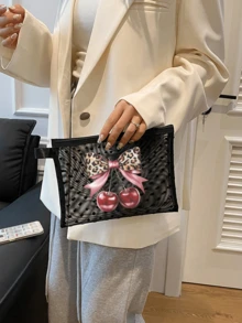 黑色透明网眼手提袋/化妆包，蝴蝶结、樱桃、字母图案、豹纹网眼口袋，大容量，透明网眼化妆品收纳袋，多功能旅行便携包，护肤品收纳袋，洗漱化妆包，浴室收纳袋，学生文具包，旅行化妆品整理包 - 彩色 - 查看 3