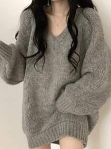 EAVA 女款冬季灰色羅紋針織 V 領標準版型休閒毛衣 - 灰色 - 查看 4