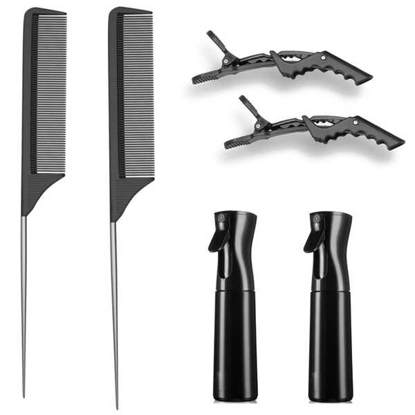 Professional 8.8 Inch Tail Comb (2 Packs) - Black Carbon Fiber And Stainless Steel Tail Comb With Hair Clips For Women Styling