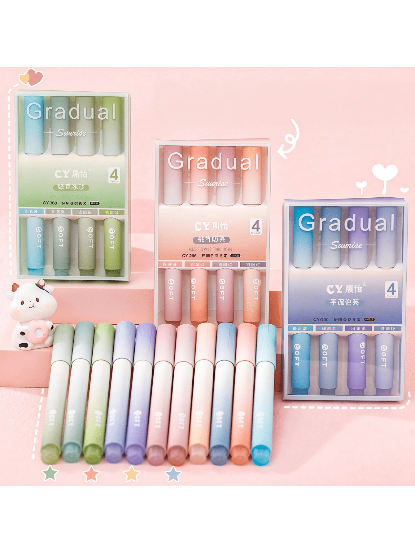 Resaltadores angulados de cuidado de los ojos con degradado - Bolígrafos coloridos en caja para estudiantes, marcadores de resaltado estéticos - Multicolor - Ver 1