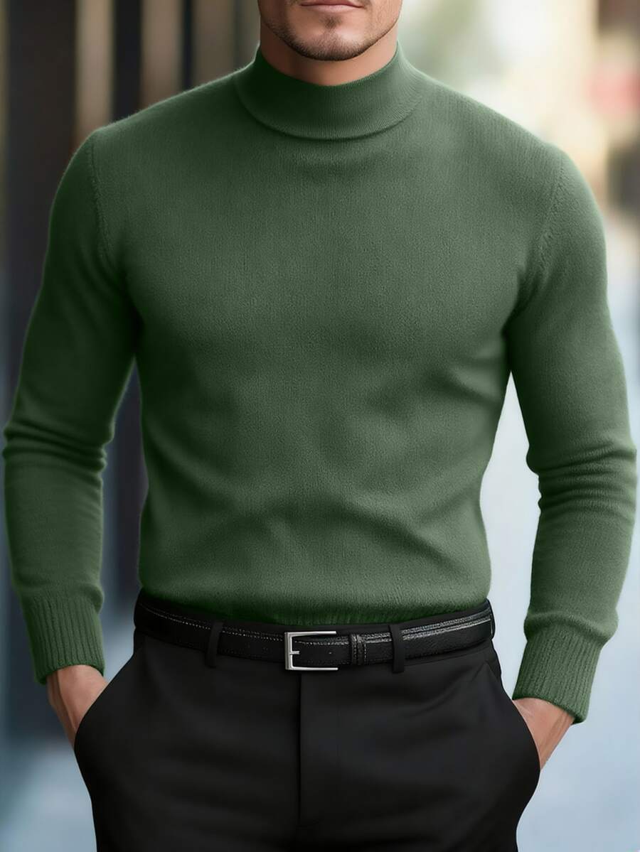 Men's Solid Color Long Sleeve Loose Fit Casual Turtleneck Sweater, Fall/Winter - Green - View 1