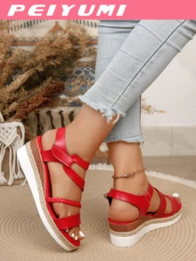 PEIYUMI Women's Wedge Heel Sandals, Casual & Comfortable Beach Sandals, Non-Slip Soles, Flexible Elastic - Red - View 6