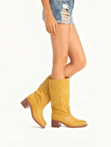Knee High Boots For Woman Square Toe Fall Wide Calf Pull On Chunky Block Heeled Boots Riding Boots Knight Women's Boots Autumn Casual Comfortable Block Heels For Women - Màu vàng chuối - Xem 11