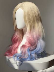 24 Inch Colorful Cosplay Wig, Pink And Blue Long Curly Hair Headpiece, Fashion Wig Suitable For Holiday Costumes And Role Play