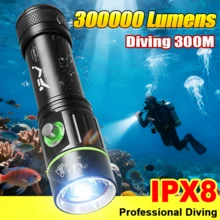 1支超亮潜水手电筒，300000流明，带挂绳和腕带，IPX8级防水专业潜水手电筒，铝合金材质，4种照明模式，安全照明手电筒，水下200米强光潜水手电筒，适用于潜水、鱼叉捕鱼、钓鱼、狩猎、潜艇、深海浮潜、水下运动 - 綠色 - 查看 3